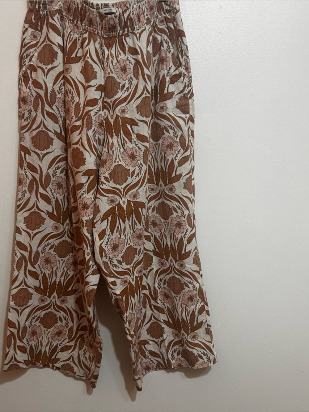 Rachel Zoe Cream and Brown Floral Linen Wide-Leg Pants
